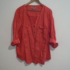 JM collection womans 20W linen cotton long roll sleeve button up